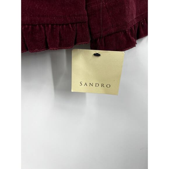 Sandro Womens Ruffle Corduroy Jacket Sz M Red Burgundy Zip Mock Neck Y2K - Picture 4 of 10